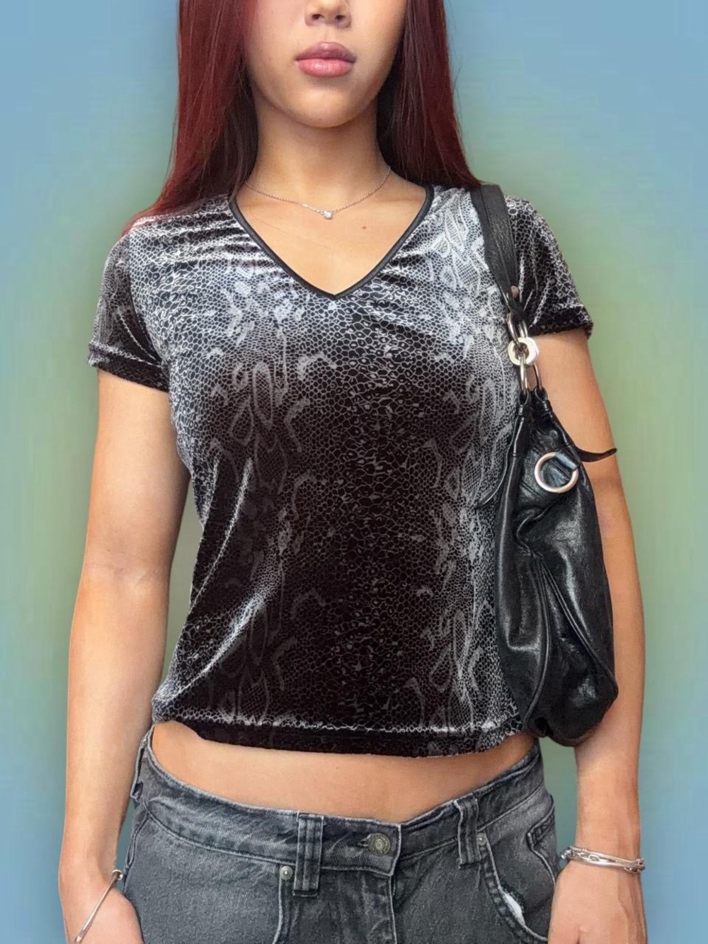 Velvet Snake-Print V-Neck Tee - Black